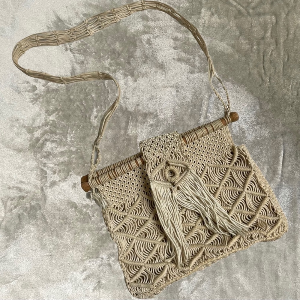 Handmade Macrame Boho Crossbody Purse Neutral Woven Bag Festival Beach Style - Picture 2 of 12
